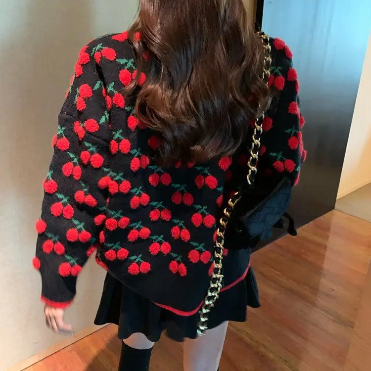

New One Size Fits All Sweater Women's Loose Fitting Autumn and Winter Cherry Jacquard Round Neck Pullover Thickened T-shirt