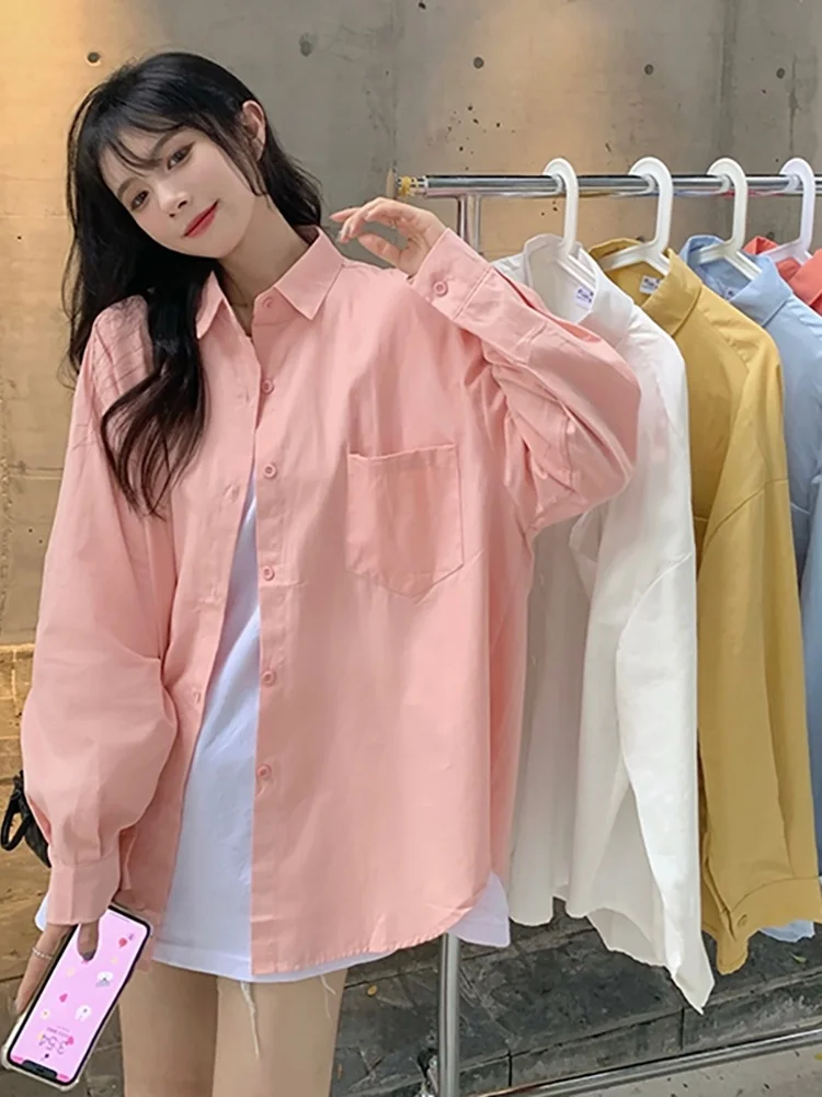 

Pink Shirt Women's Wear Early Spring and Autumn 2021 New Korean Loose Long Sleeved Clothes Small Man Versatile Coat