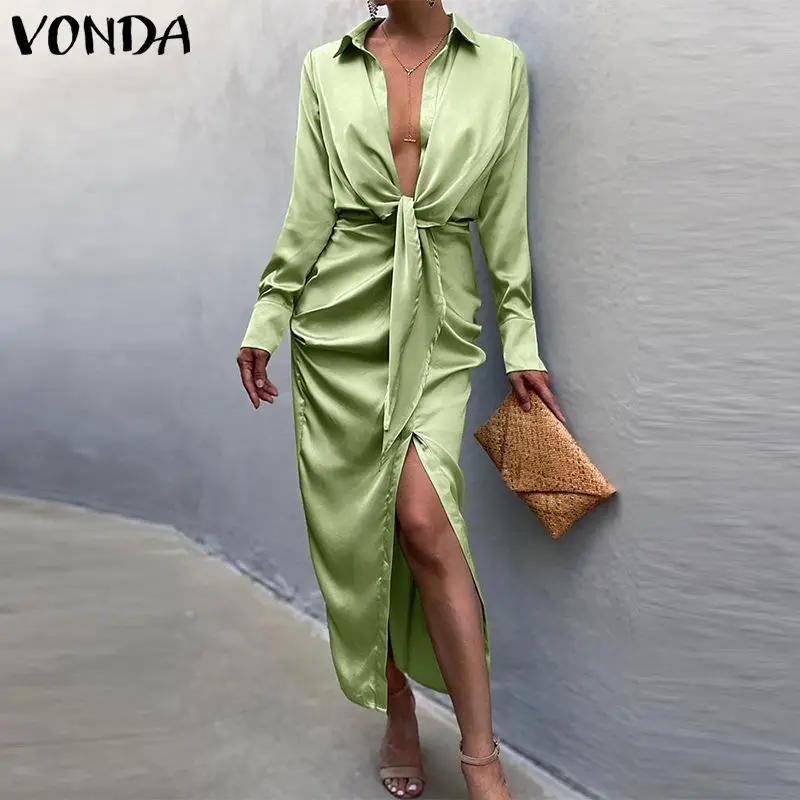 

2021 VONDA Women Satin Slik Dress Elegant Sexy Long Sleeve Party Dress Autumn Casual Solid Color Lapel Collar Vestido Robe Femme