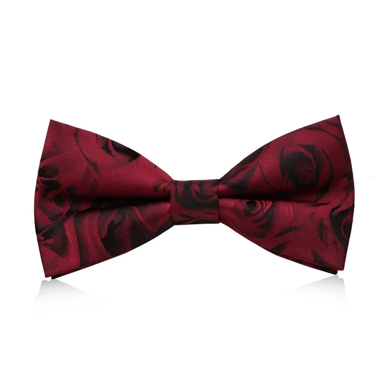 

2020 Brand New Fashion Men's Bow Ties Double Fabric Rose Pattern Wine Red Bowtie Wedding Ceremony Butterfly Tie with Gift Box