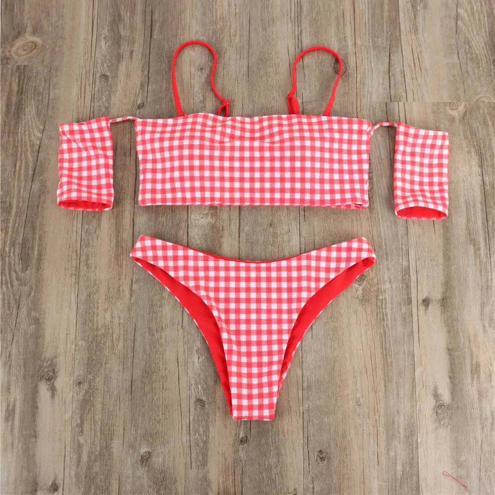

Paotang2021 Summer New Swimwear Ladies Knotted Check One-Shoulder Bikini Push Up Tube Top Beachwear Two-Piece Suit Free Shipping