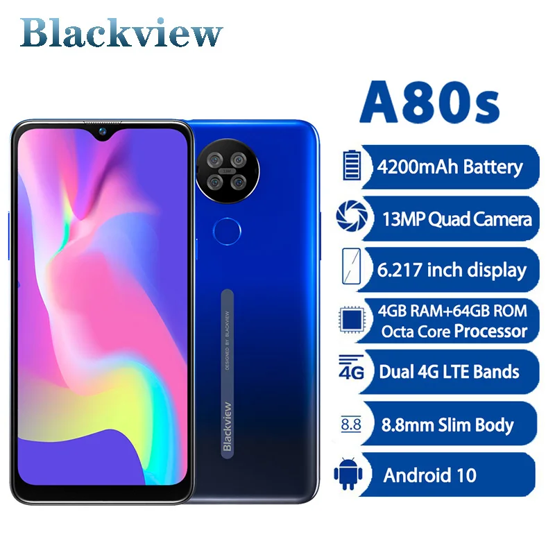 

Blackview A80s Helio A25 Android 10 Smartphone 4GB RAM 64GB ROM 13MP Quad Camera 4200mAh 6.2“ Waterdrop Screen 4G Moibile Phone