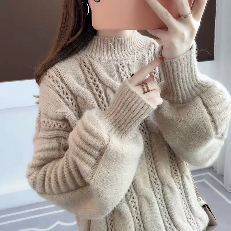 2019 Autumn Winter Women Knitted Sweaters Pullovers Turtleneck Long Sleeve Solid Color Female Loose Lantern Sweater | Женская одежда