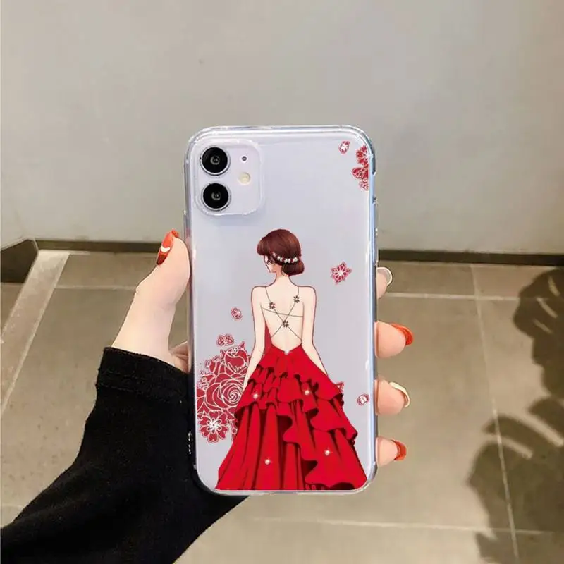 

Fashion red dress girl marry couple Phone Case Transparent soft For iphone 5 5s 5c se 6 6s 7 8 11 12 plus mini x xs xr pro max