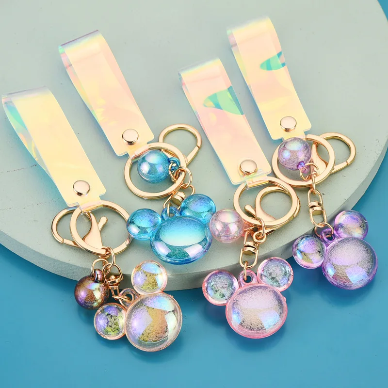 

Cute Colorful Mickey Head Keychain Children Anime Ladies Key Chain Ring leather rope Pendant Gift Package Decoration Gift