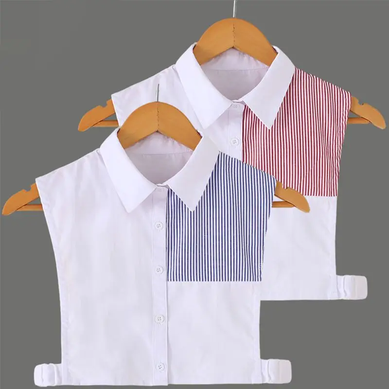 

Womens Stripes Color Block Cotton False Fake Collars Pointed Lapel Adjustable Button Down Detachable Half-Shirt Blouse