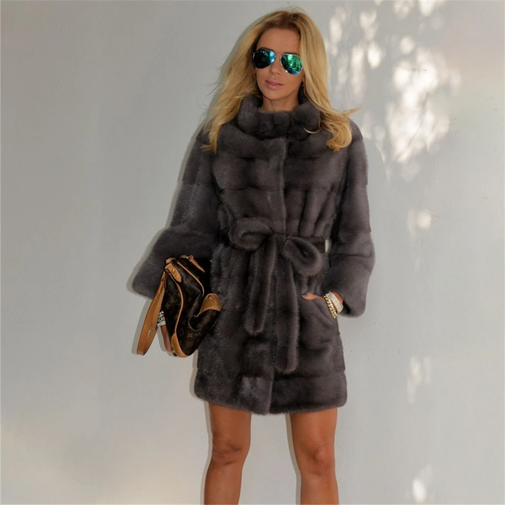 Новая модная темно-серая норковая шуба TOPFUR с меховым воротником средней тонкости