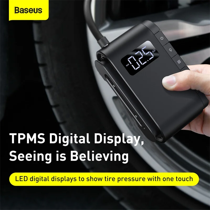 Satılık Baseus Taşınabilir Hava Kompresörü Lastik şişirme Kablosuz şişme Otomatik Dijital Elektrikli Pompa Otomobil Motosiklet Için Bisiklet Lastikleri