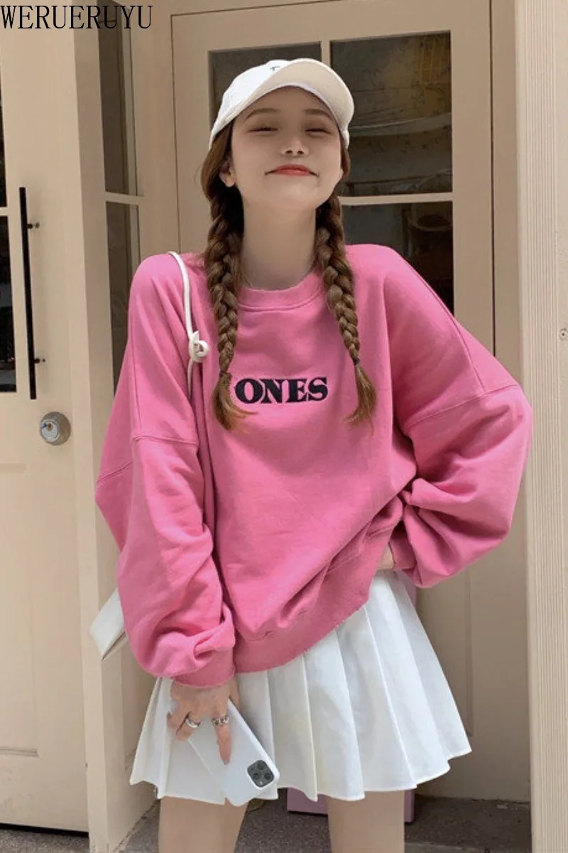

WERUERUYU Korean Style Sweater Women Lazy Wind Loose Pullover Pink XXL Size