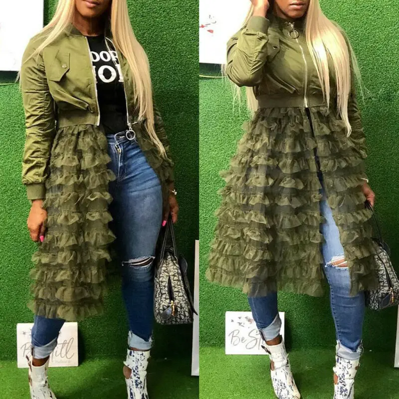 Женский армейский зеленый слой молнии гофрированная сетка отвесная Лоскутная