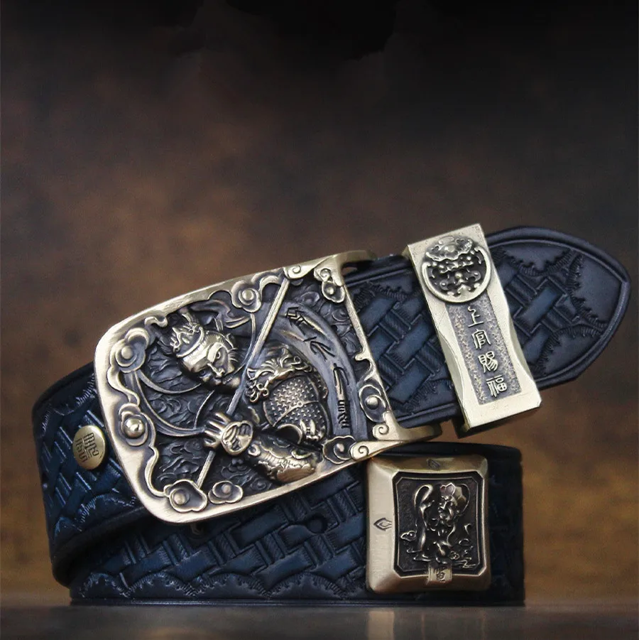 Original Design Genuine Leather Strap Male Belts For Men Women Cowhide Vintage Copper Buckle Belt Carving Sun WuKong