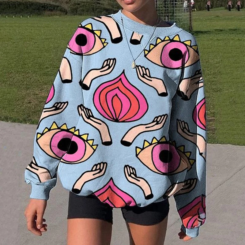 

Товар сезона весна-осень-зима 2021 года, модный Свободный Повседневный пуловер с круглым вырезом, топ, модная Женская толстовка с абстрактным ...