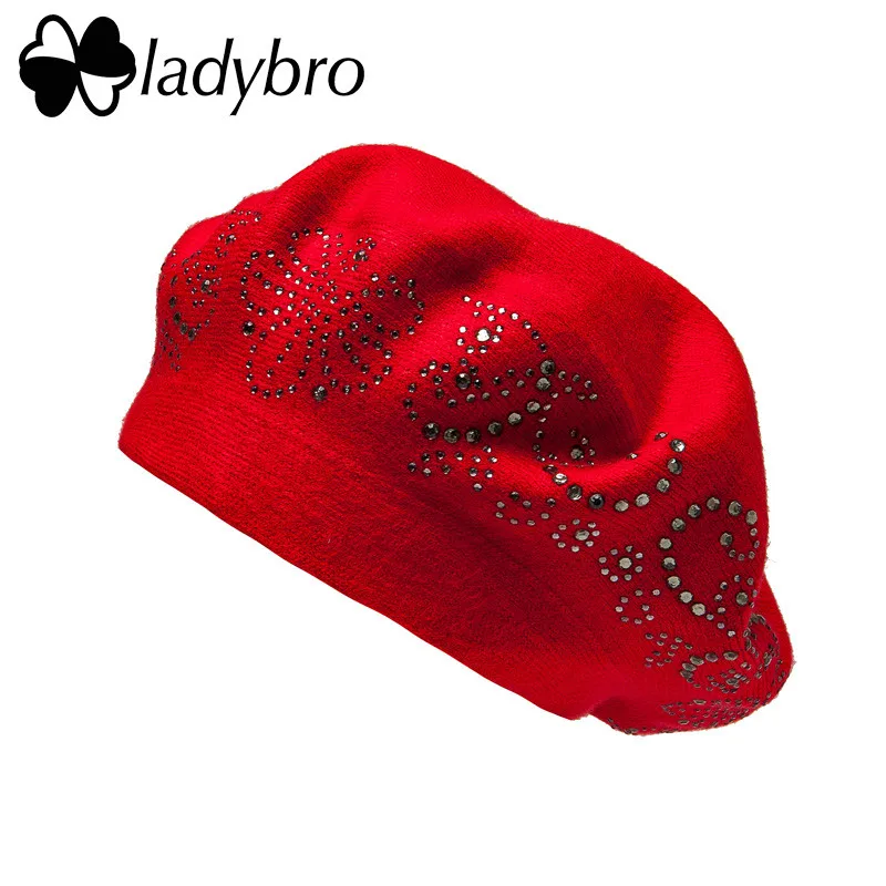 23506 Red Ladybro, двухслойная, стразы, шерстяная шапка, женская, осень, зима, шапка, теплый берет, женская вязаная шапка, кепка boina, женский берет, шапка - Цвет: 23506 Red