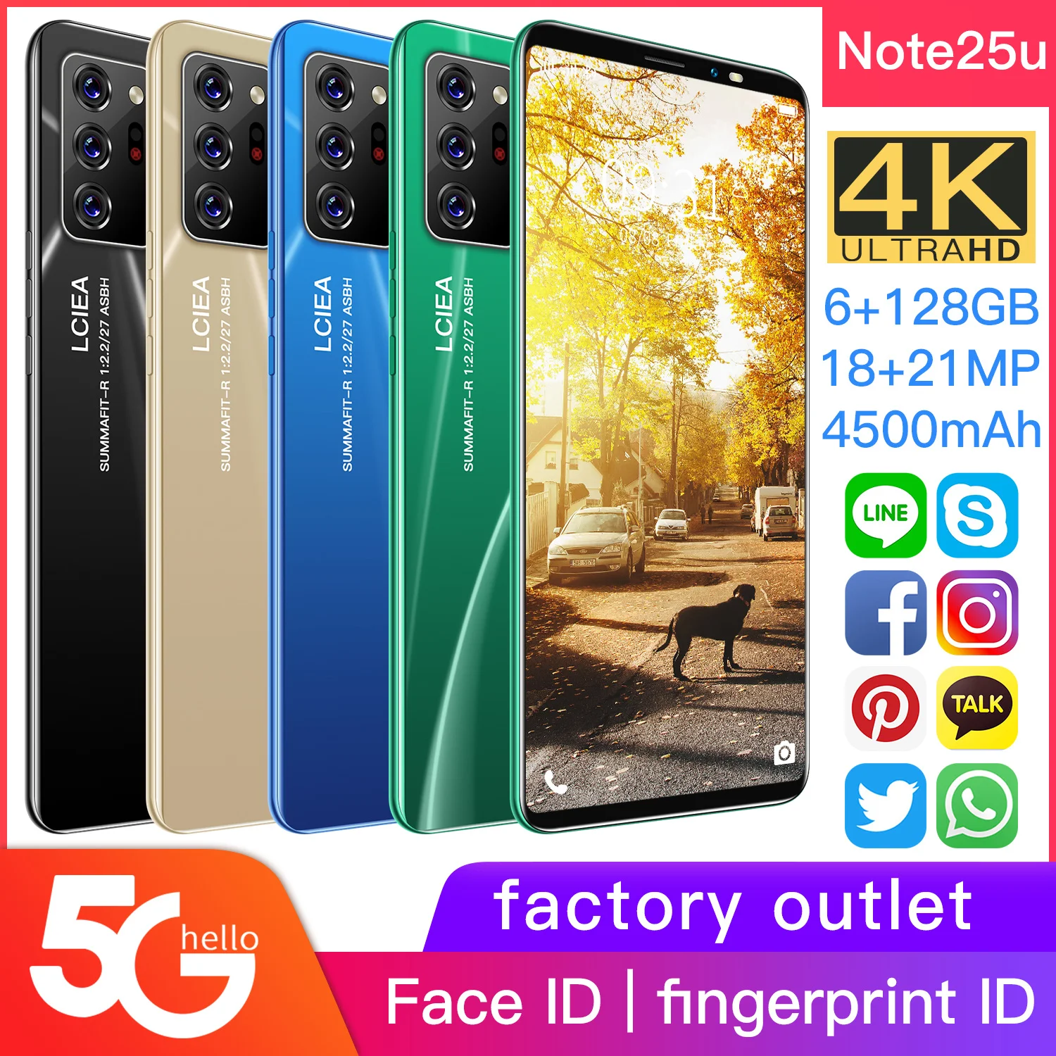 

New Note25u Smartphone 5G 8Core 5.8inch Full Screen Large Memory 6+128G 4500mAh Face and Screen Fingerprint ID Cellphone