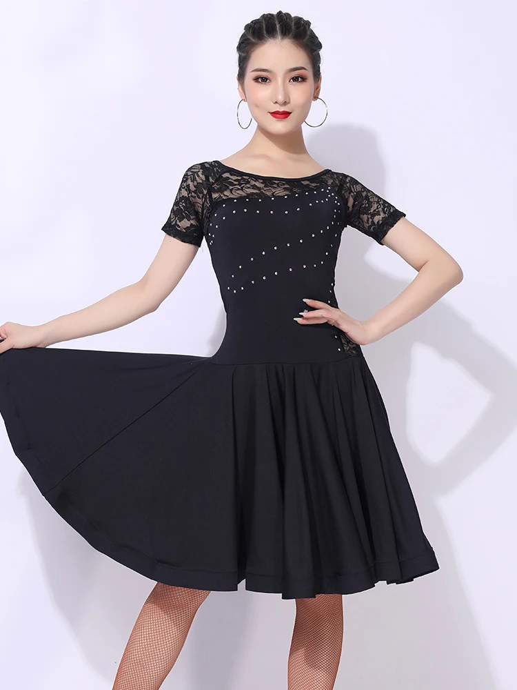 

Lace Stitching Latin Dance Performance Dress Women Summer Tango Competition Costume Rhinestone Dancing Practice Wear YS1687