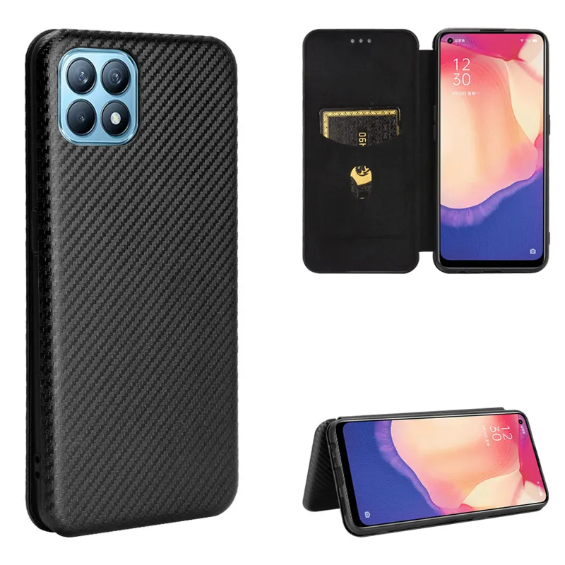 

2021 Oppo Reno4 SE Case Fashion Carbon Fiber PC Hard Card Holder Slim Leather Case For Oppo Reno4 SE PEAM00 PEAT00 Wallet Flip C
