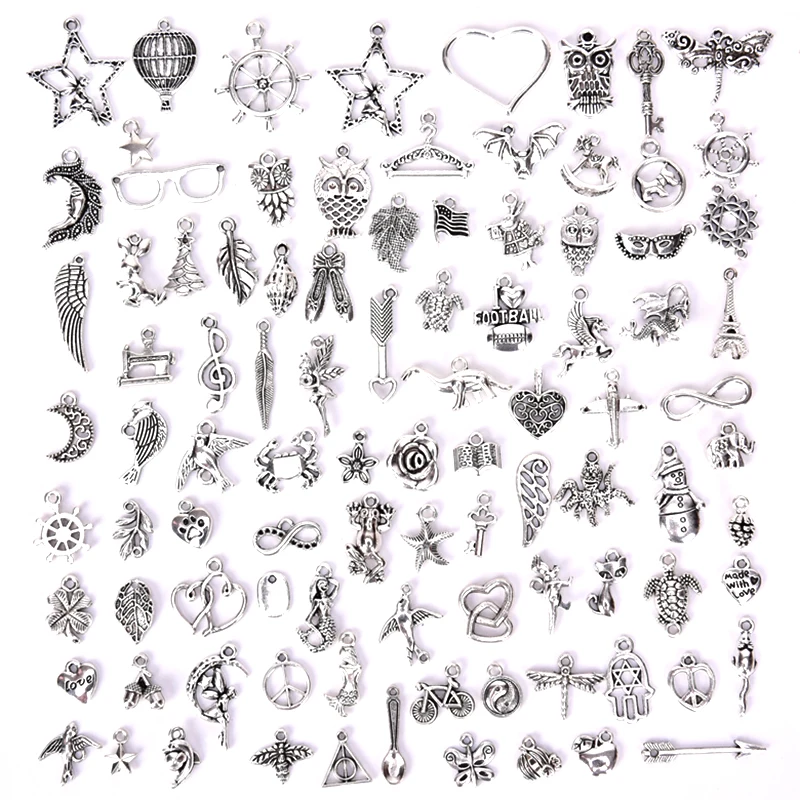 100 шт Смешанные европейские браслеты Подвески античные серебряные цветные