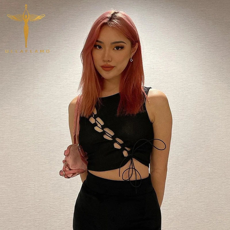 

O-Neck Sleeveless Bandage Tank Top Womens Summer Streetwear Skinny Black Crop Tops Femme Sexy Hollow Tank Vest Slim INS Camisole