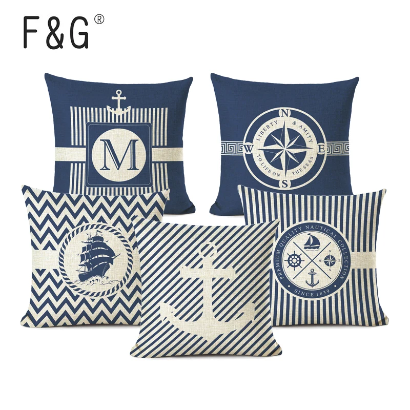 

Coussin Scandina Ocean Sea Ship Anchor Blue Stripe Compass Boat Cushion Cover Linen Pillow Case Cojines Decorativos Para Sofa