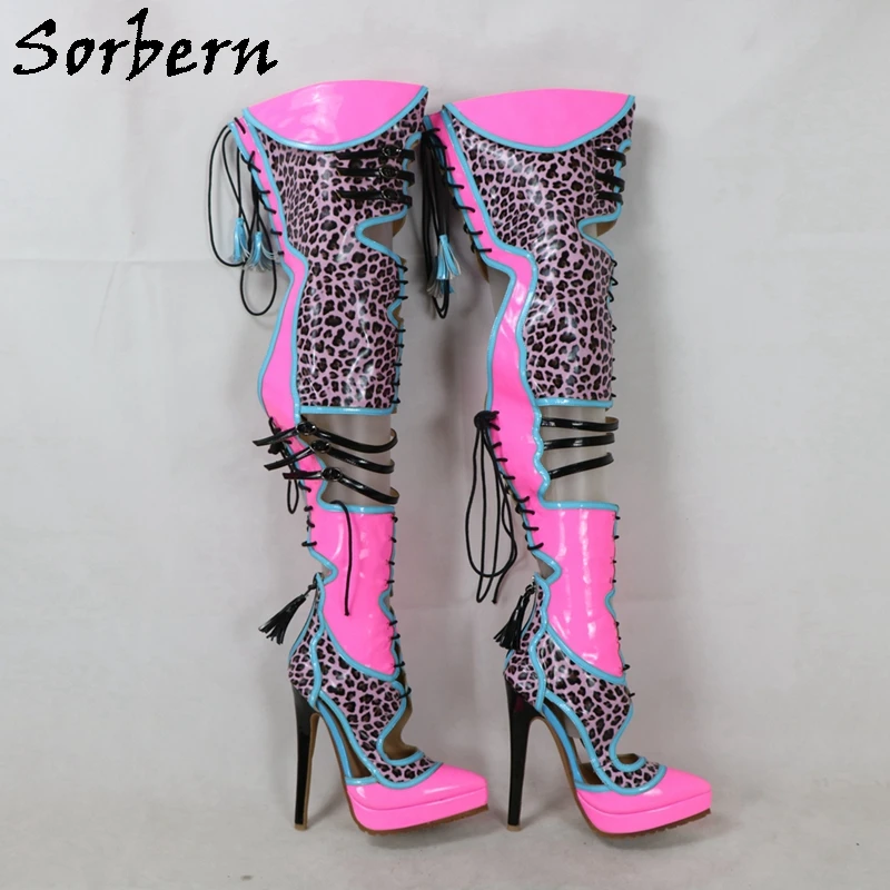 Sorbern Customized Mid Thigh Boots Women Pointed Toe Platform  High Heel Stilettos Leopard Shiny Hot Pink Fetish Shoes Lace Up