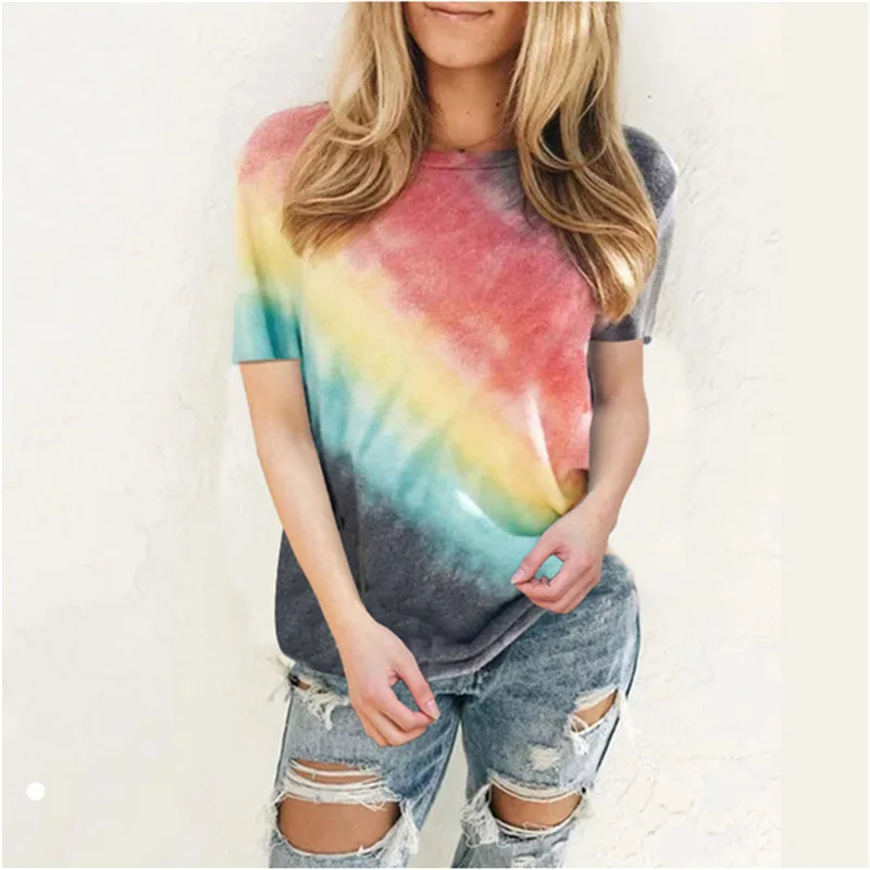 

Summer Women Five Color Tie-dye Gradient Color T-shirt O-neck Short Sleeves Tops Twill Plus Size Ladies Tee Shirt Femme