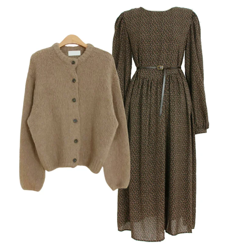 

Retro Gentle Graceful Korean Sweater Suit Skirt Floral Dress Mid-length Western Style Slimming Female Two-Piece Set