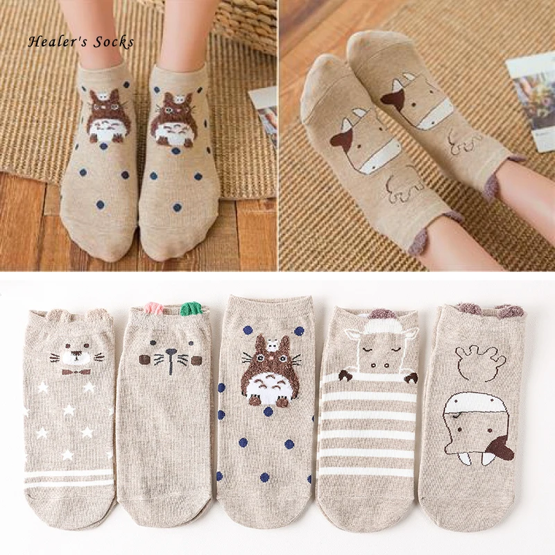 

New Totoro Star Happy Woman Socks Cotton Color Cartoon Bear Cow Donkey Funny Harajuku Casual Soft Fashion Cute Girls Short Socks