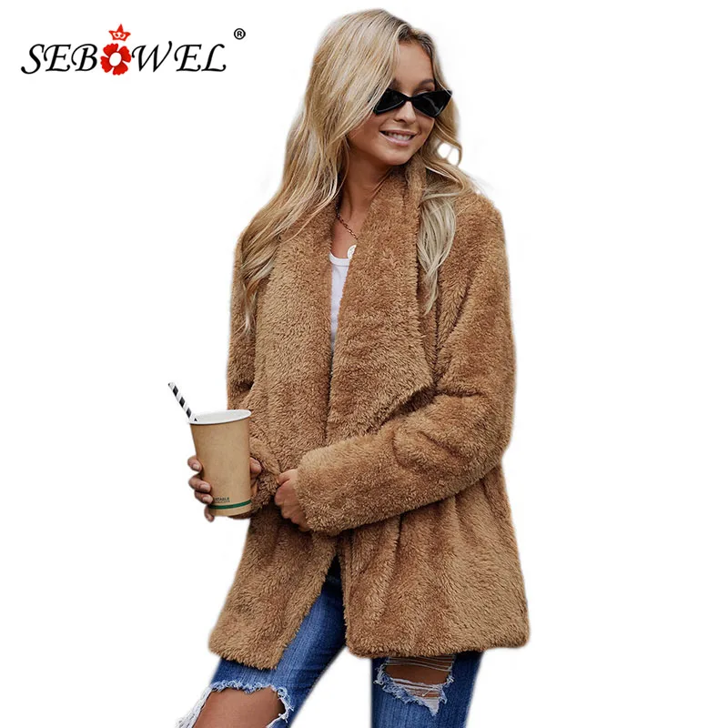 

SEBOWEL Woman Long Sleeve Sherpa Fluffy Jacket Coats Faux Fur Female Pockets Warm Fluff Outwear Ladies Winter Clothes 2019 S-XXL