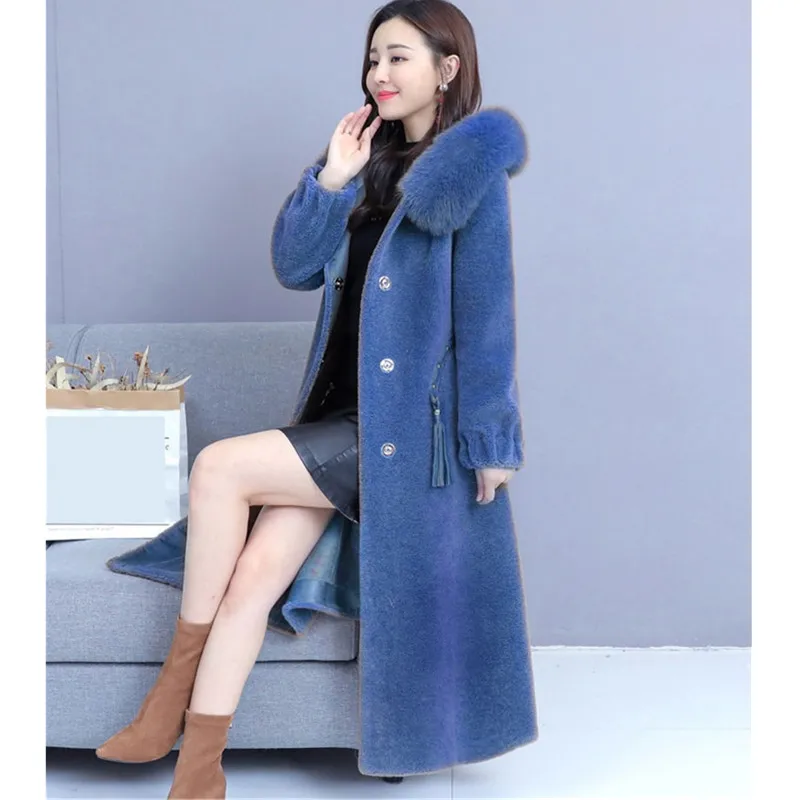 

UHYTGF 4XL plus size jacket female quality sheep sheared winter fur coats Hooded warm elegant woman fur coat bontjas dames 853