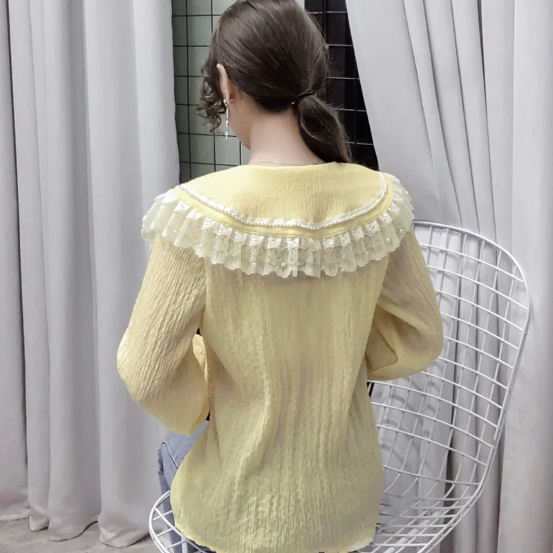 #2020 белая желтая кружевная офисная рубашка с воротником Питер Пэн женские