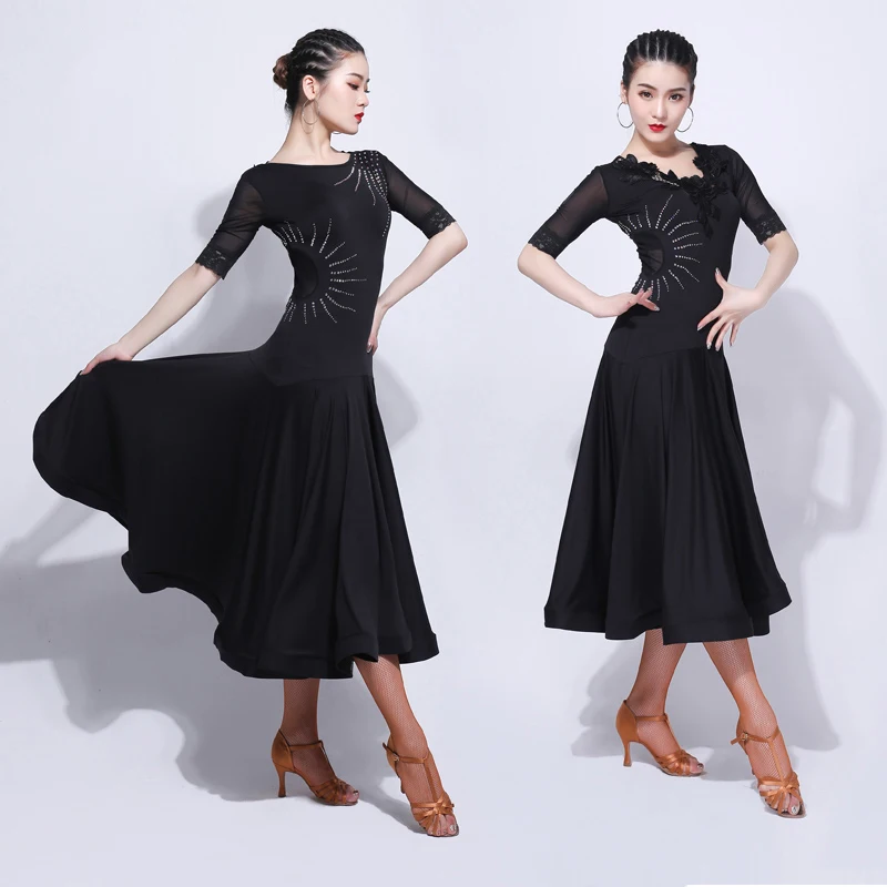 

Rave Ballroom Dress Two Side Wear Black Long Waltz Dress Elegant Tango Dress Dance Costume Adult Ballroom Dress Standard VDB258