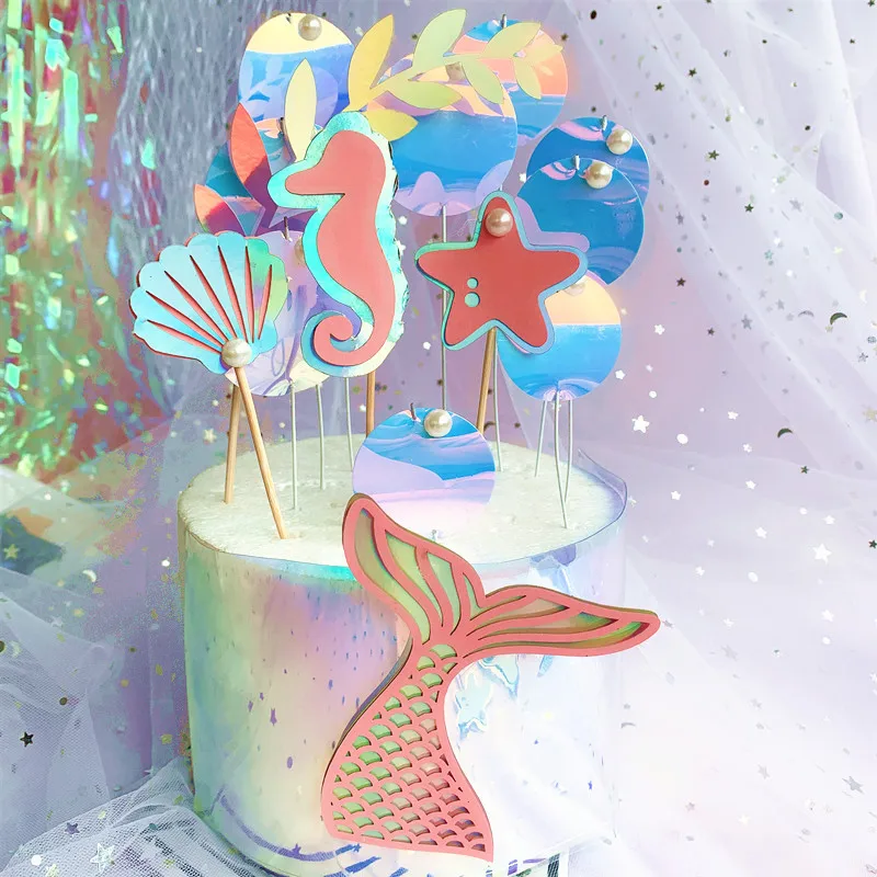 

Happy Birthday Ocean Theme Cake Toppers Colorful Pearl Bowknot Shell Starfish Sea Horse Fish Tail Acrylic Cupcake Baking Supplie