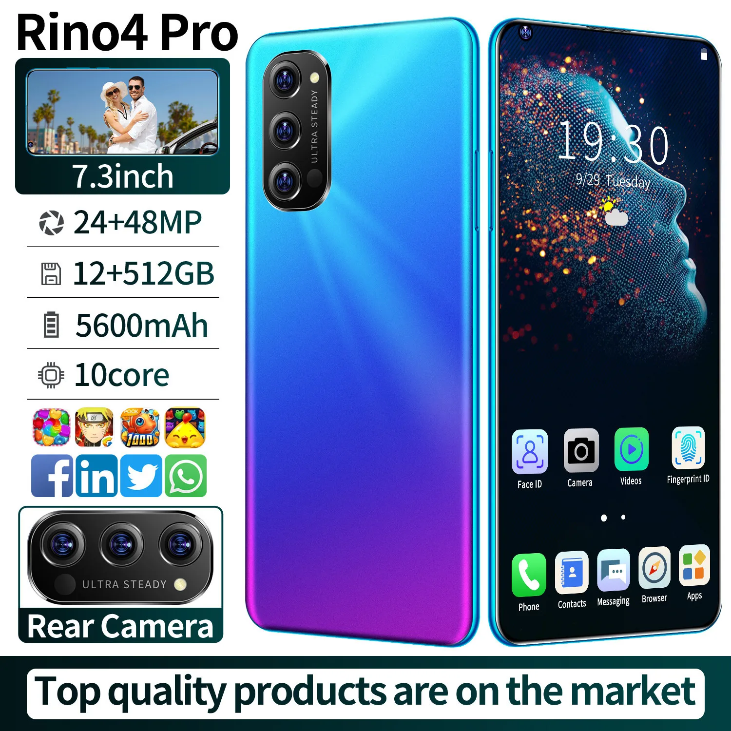 

Rino4 Pro Global Version Smartphones 7.3 Inch Dual SIM Face Unlocking 12G 512G 24+48MP GPS 5600mh 5G LTE CellPhone