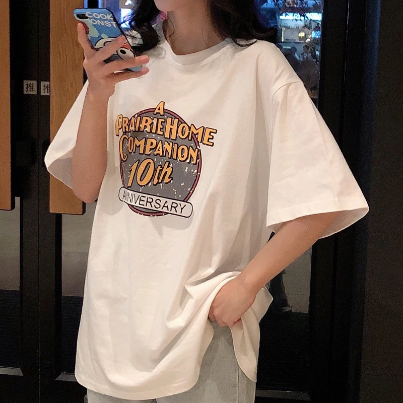 

Женская футболка с коротким рукавом в Корейском стиле, летняя свободная футболка в стиле Харадзюку, модная повседневная футболка с круглым ...