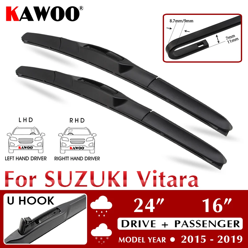 

KAWOO Car Wiper Blade 24"+16" For Suzuki Vitara 2015 2016 2017 2018 2019 Auto Soft Rubber Windcreen Wipers Blades Fit U Hook Arm