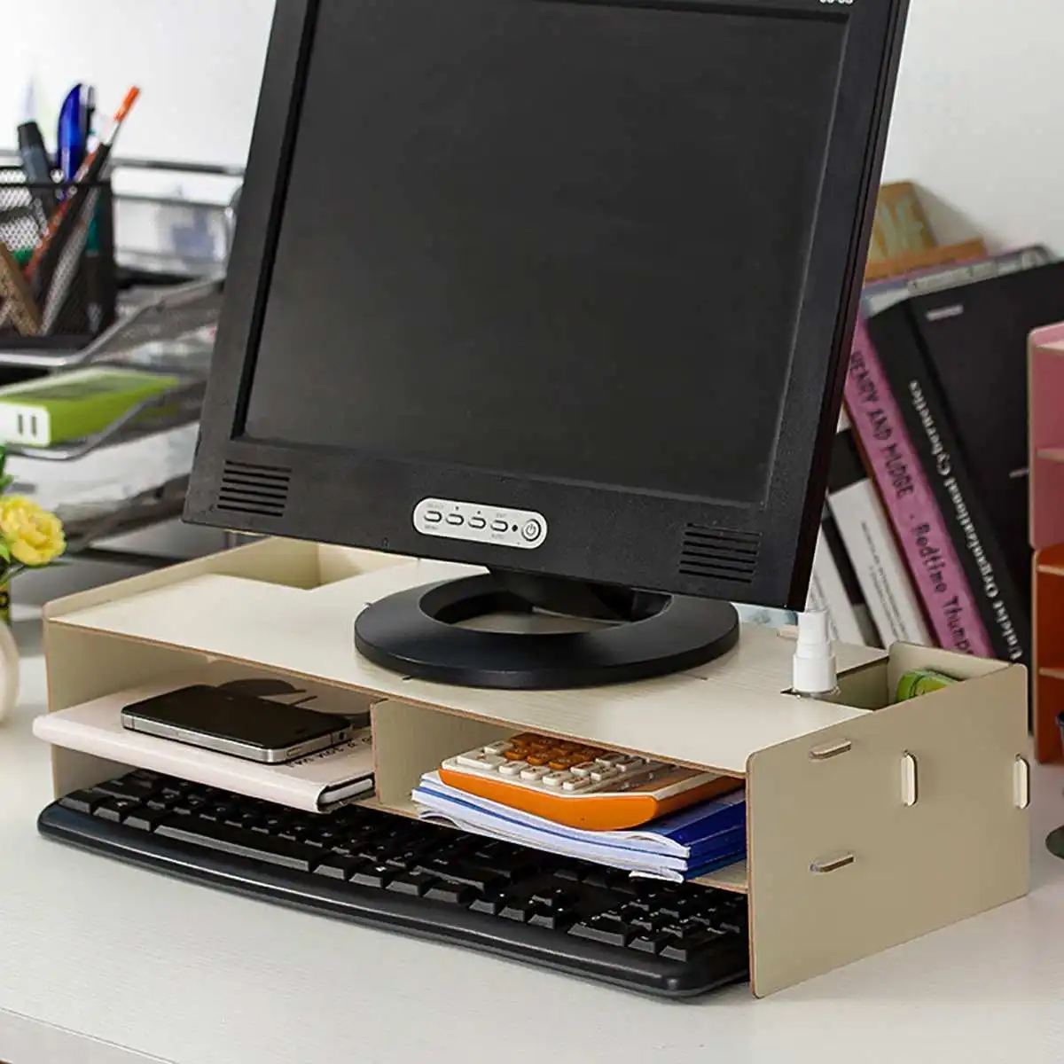 

Wood TV Stand LCD LED Monitor Stand Computer Screen Riser For Computer Laptop TV Kit Desk Supplies Organizer File Folder Racks