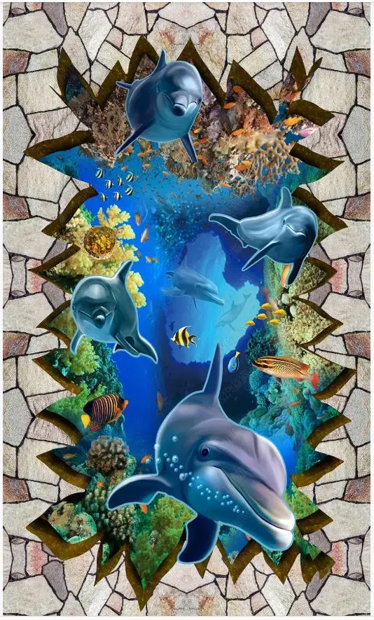 Самоклеящиеся обои на заказ рисунок дельфинов под водой 3d Настенные обои|Обои| |