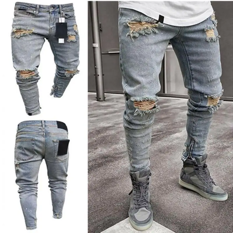 

Mens Ripped Frayed Jeans Casual Skinny Slim Fit Pants Zip Bottoms Trousers Fashion