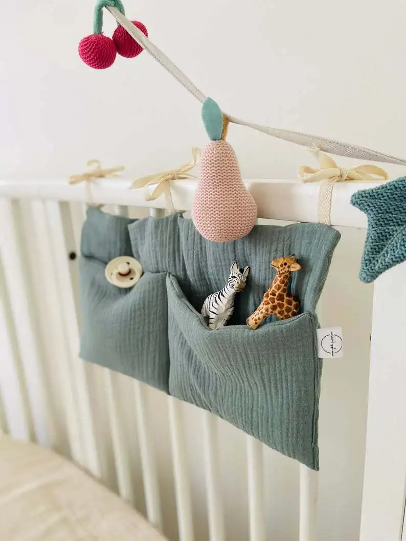 

Elinfant 100% Cotton Baby Crib Storage Hanging Bag Trolley Bag Double Compartment Multi-function Storage Bag