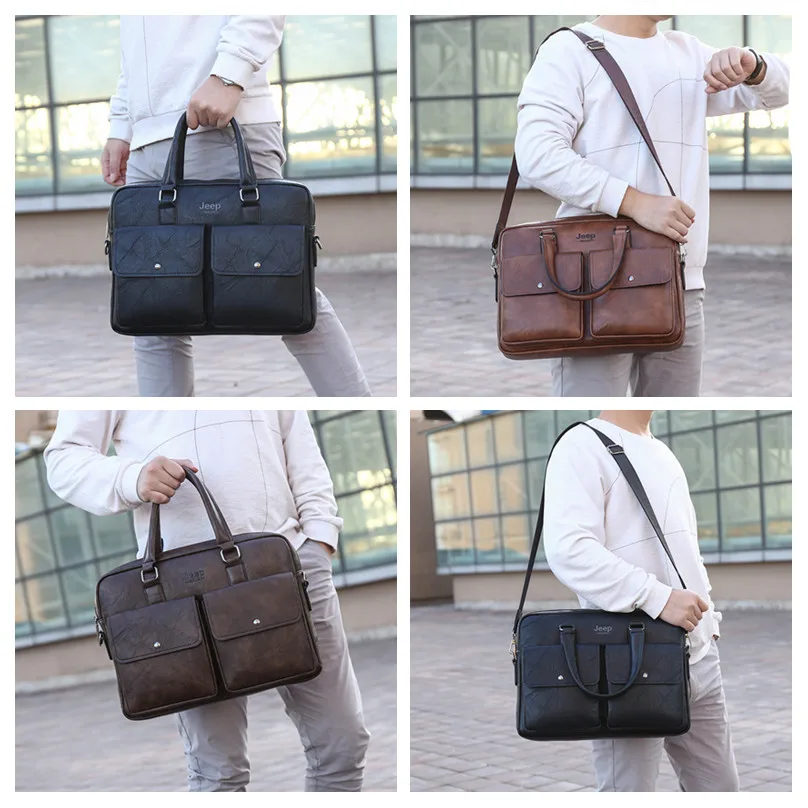 JEEP BULUO Men's Briefcases Bags Split Leather Shoulder Office Bag Totes Male Fashion 14 inch Laptop Business Bag A4 Documents