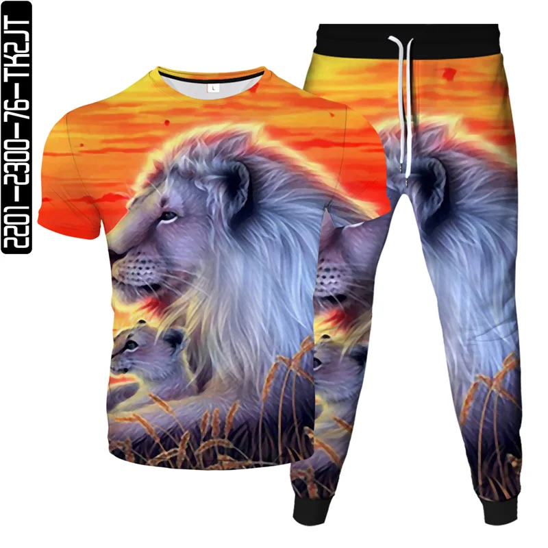 

2021 spring and summer new 3D digital printing men's sports T-shirt pants two-piece lion element popular new trend hip-hop style