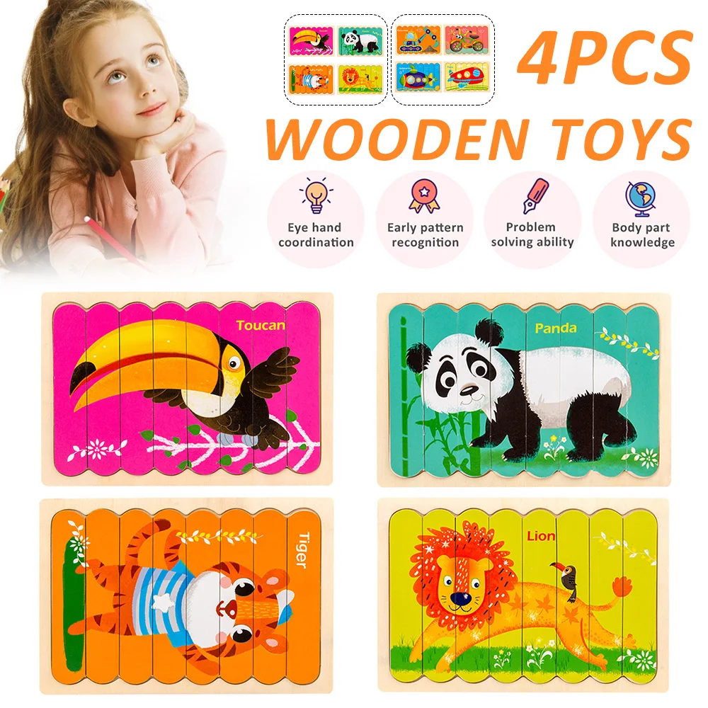 

Kid Brain Wooden Puzzles Toy Double-sided 3D Strip Animal Telling Stories Stacking Jigsaw Montessori Educational Toys Children