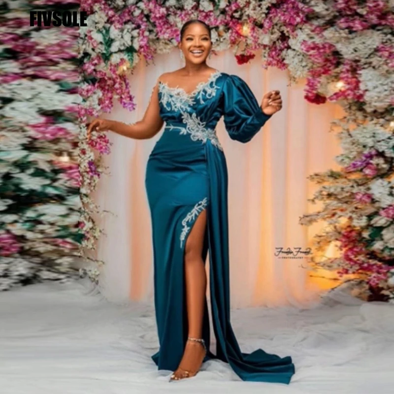 

LORIE Mermaid Evening Dresses Charming Appliques Long Puffy Sleeve Satin Green Fairy Prom Gown Celebrity Party Dress for Teens