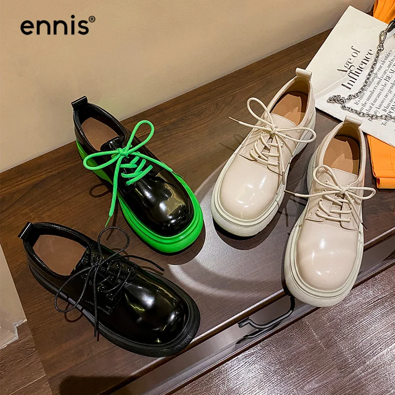 

ENNIS Brand Genuine Leather Oxfords Women's Casual Shoes Thick Sole Ladies Platform Shoes Green Fashion Loafers Black Beige C106