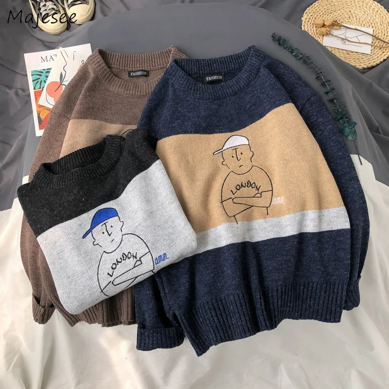 

Sweaters Men Cartoon-embroidery Panelled Plus Size 3XL Loose Various-styles Autumn-winter New Mens Pullovers Loose Leisure Warm