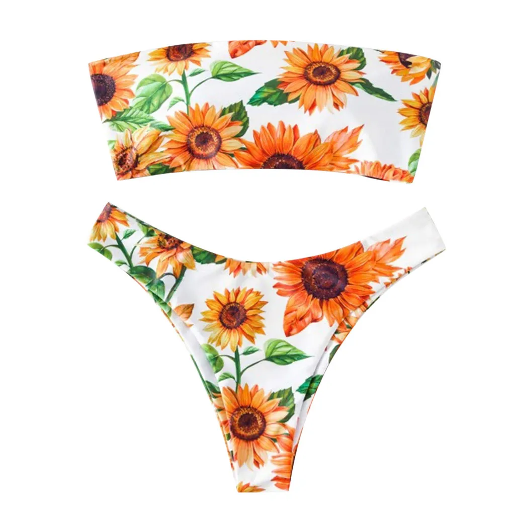 Женский милый купальник-бикини с цветочным принтом топ и низ комплект бикини из