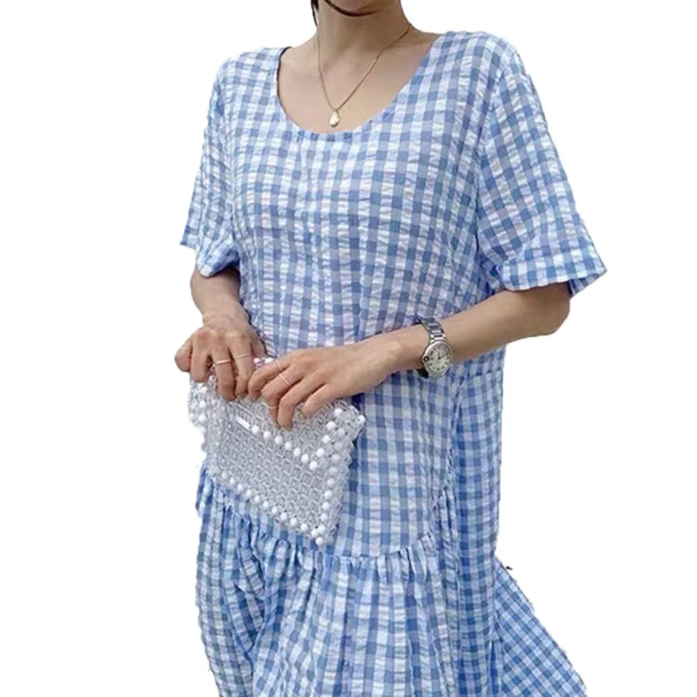 

Japanese Style Retro Loose Casual Thin Fashion Temperament Nice Summer Pop Women's Dress Lattice Round Neck Summer