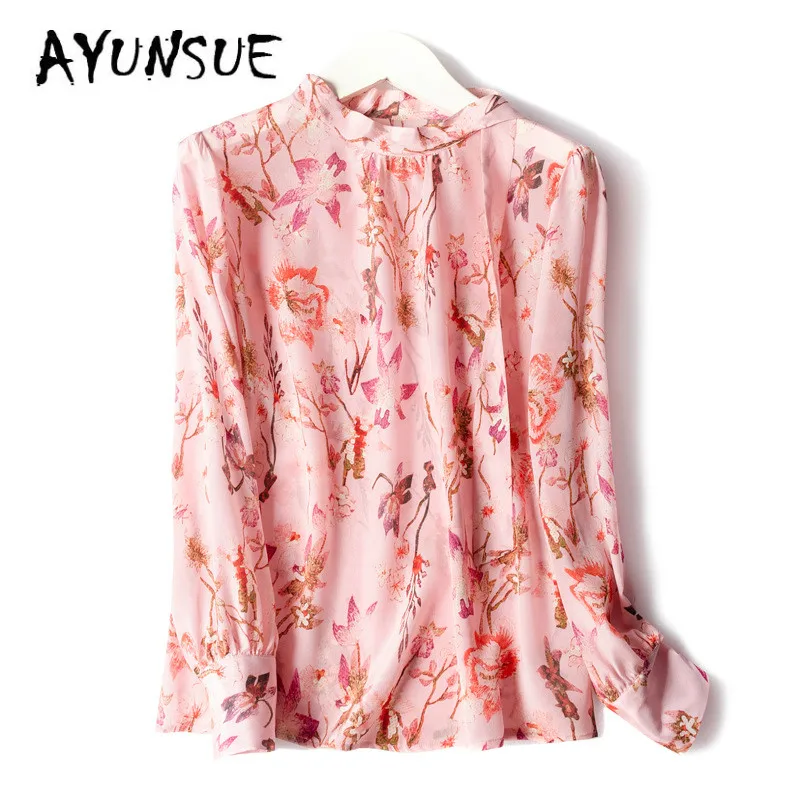 Real Silk Shirts Women 100% Real Silk Women Blouse Spring Autumn  Korean Kwaii Pink Floral Print Women Blouses SY2837 YY2830