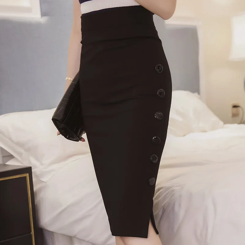 

Spring Bodycon Skirts Women Stretchable Split Midi Slim Summer Women Placketing Lady Pencil Skirt Button