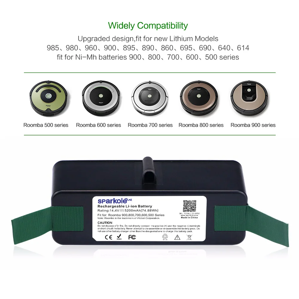 Литиево-ионный аккумулятор sparcole 14 4 V 5200mAh совместим с iRobot Roomba 980 960 690 600 700 800 900 Series 985